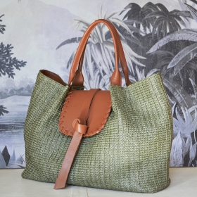 sac à main Julia cuir et raphia kaki