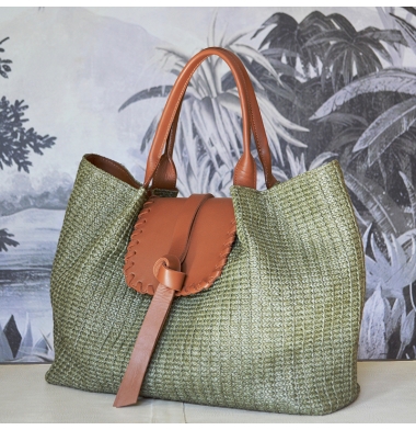 sac à main Julia cuir et raphia kaki
